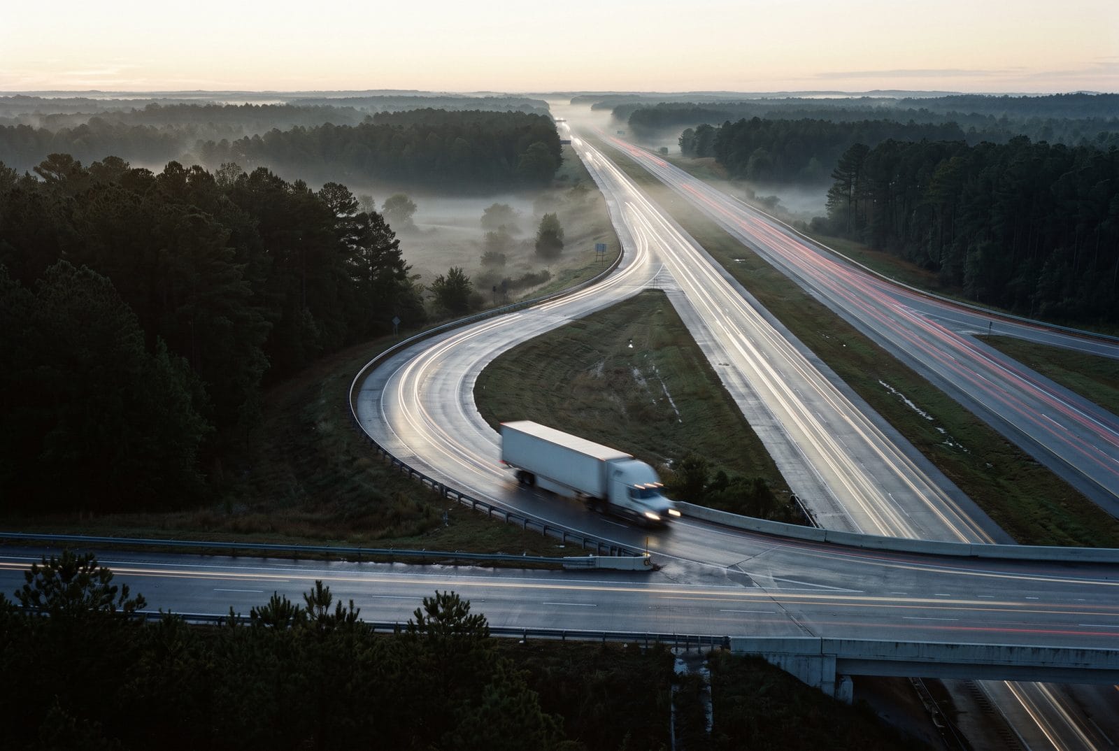 An interstate on-ramp seen from far above at dawn with mist lying in the hollow