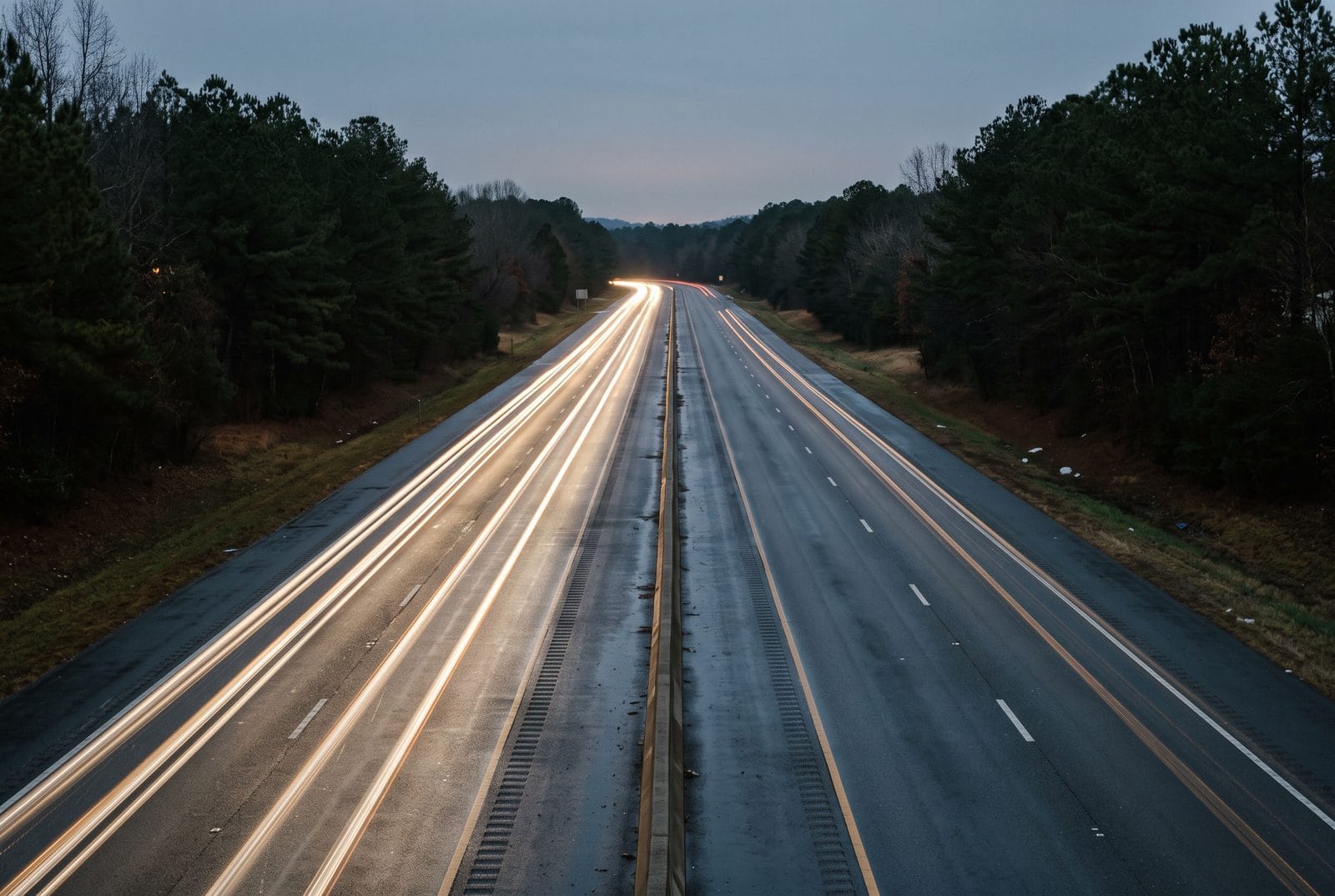 An interstate from an overpass at dusk, traffic reduced to two ribbons of light