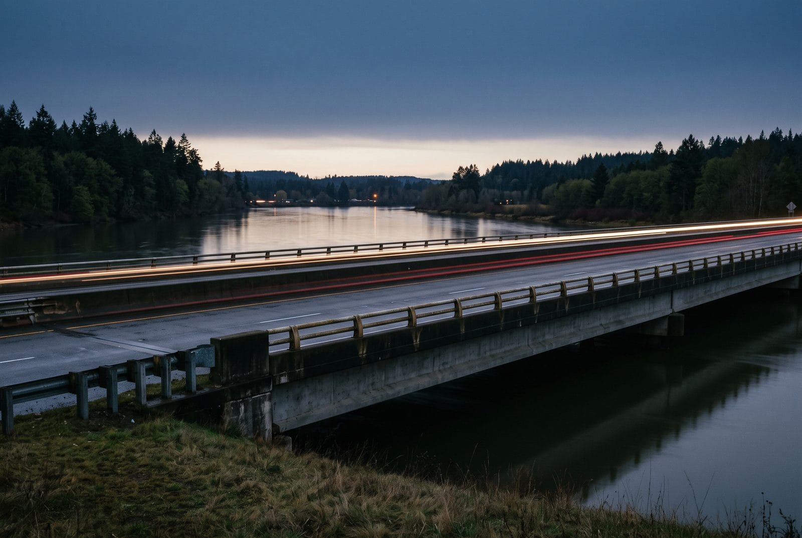 A low road bridge across a wide river at blue hour with light trails on the deck