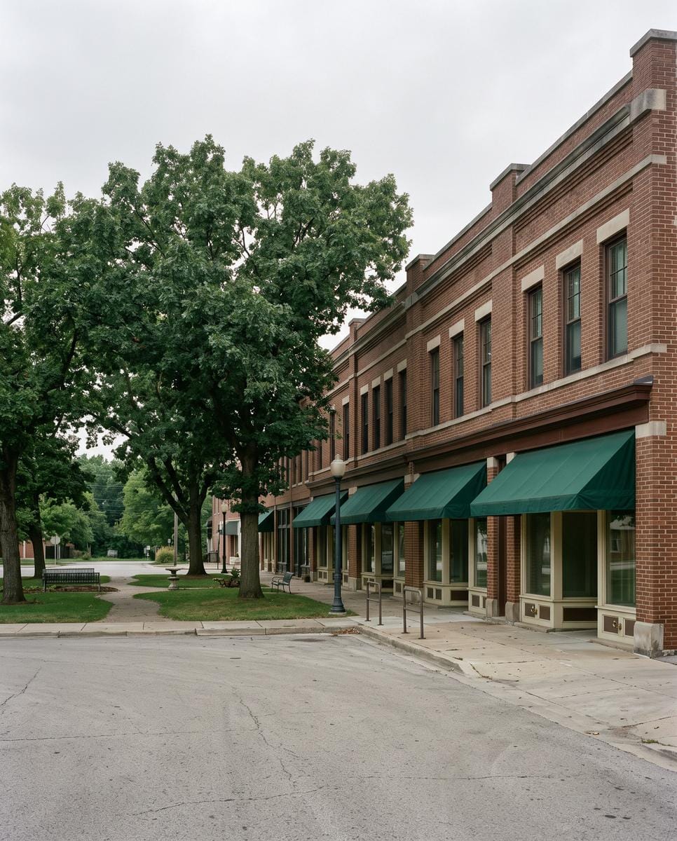 Two-storey brick storefronts on a small town square under mature oaks