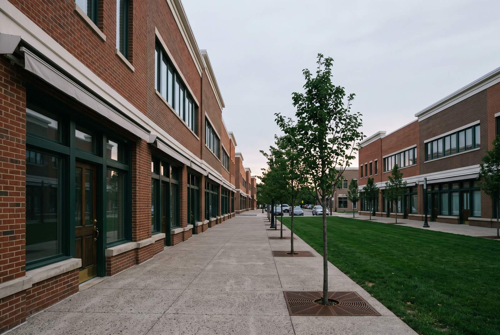 A compact town center of brick and white trim built around a green at dusk