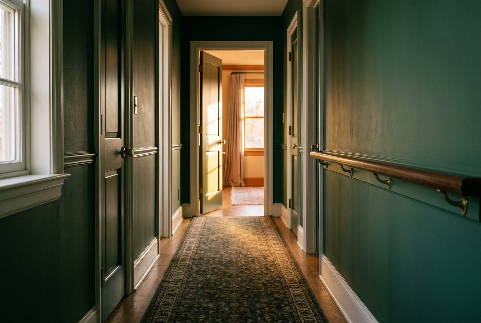 A quiet carpeted corridor with a timber handrail and an open door at the far end