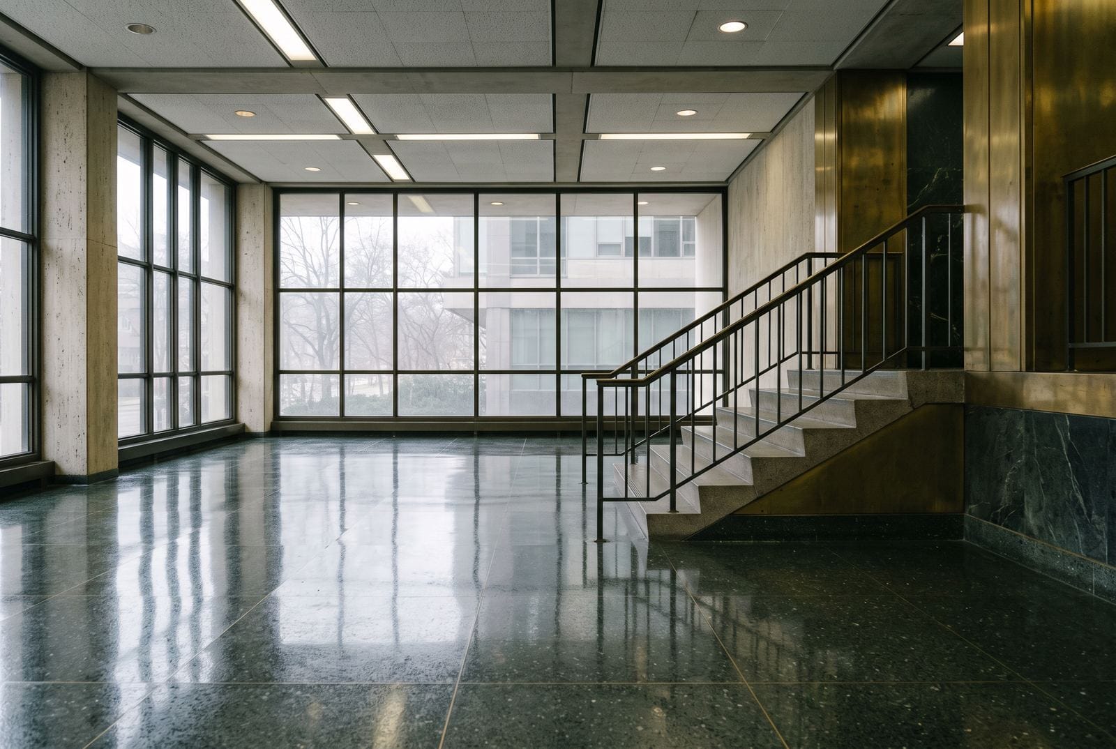 A wet terrazzo lobby floor with a short flight of steps and a steel handrail
