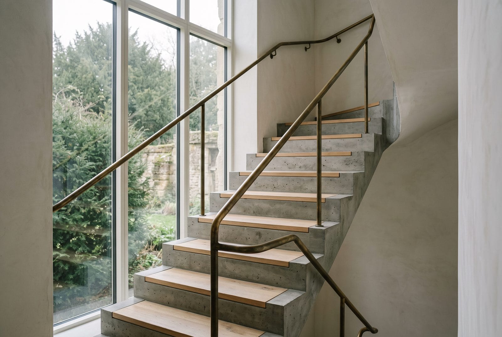 A concrete and oak stair turning against a tall window, with a brass handrail
