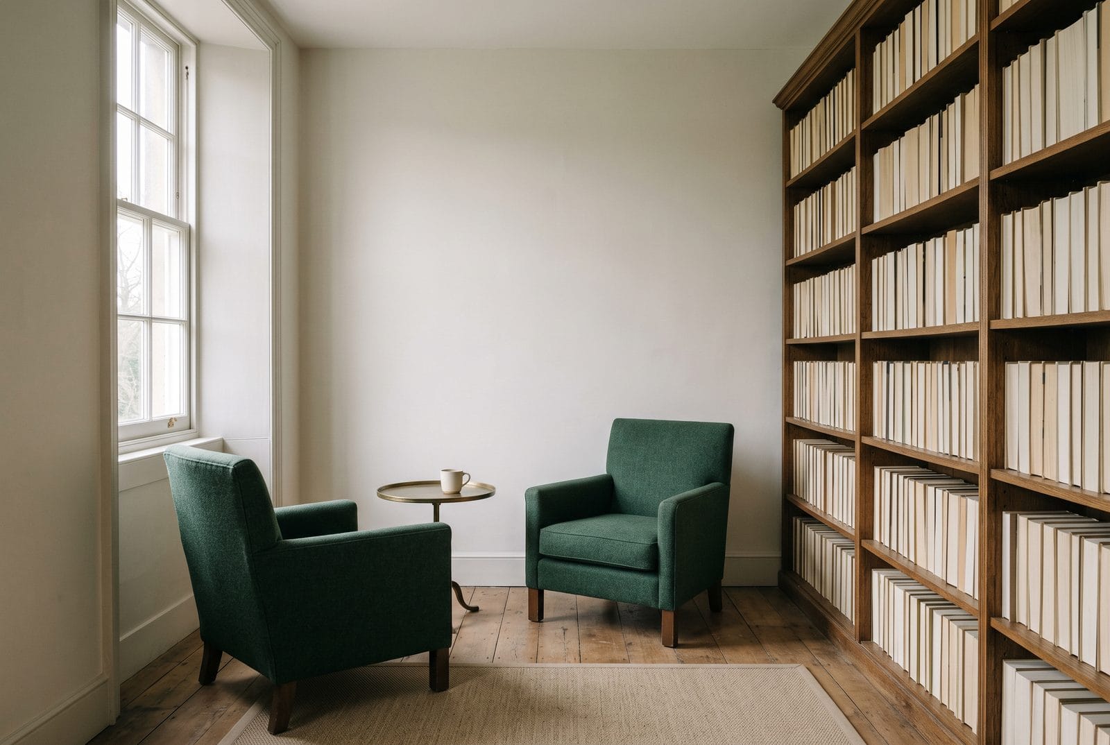 A reading room with books shelved fore-edge out, two armchairs and a tall window