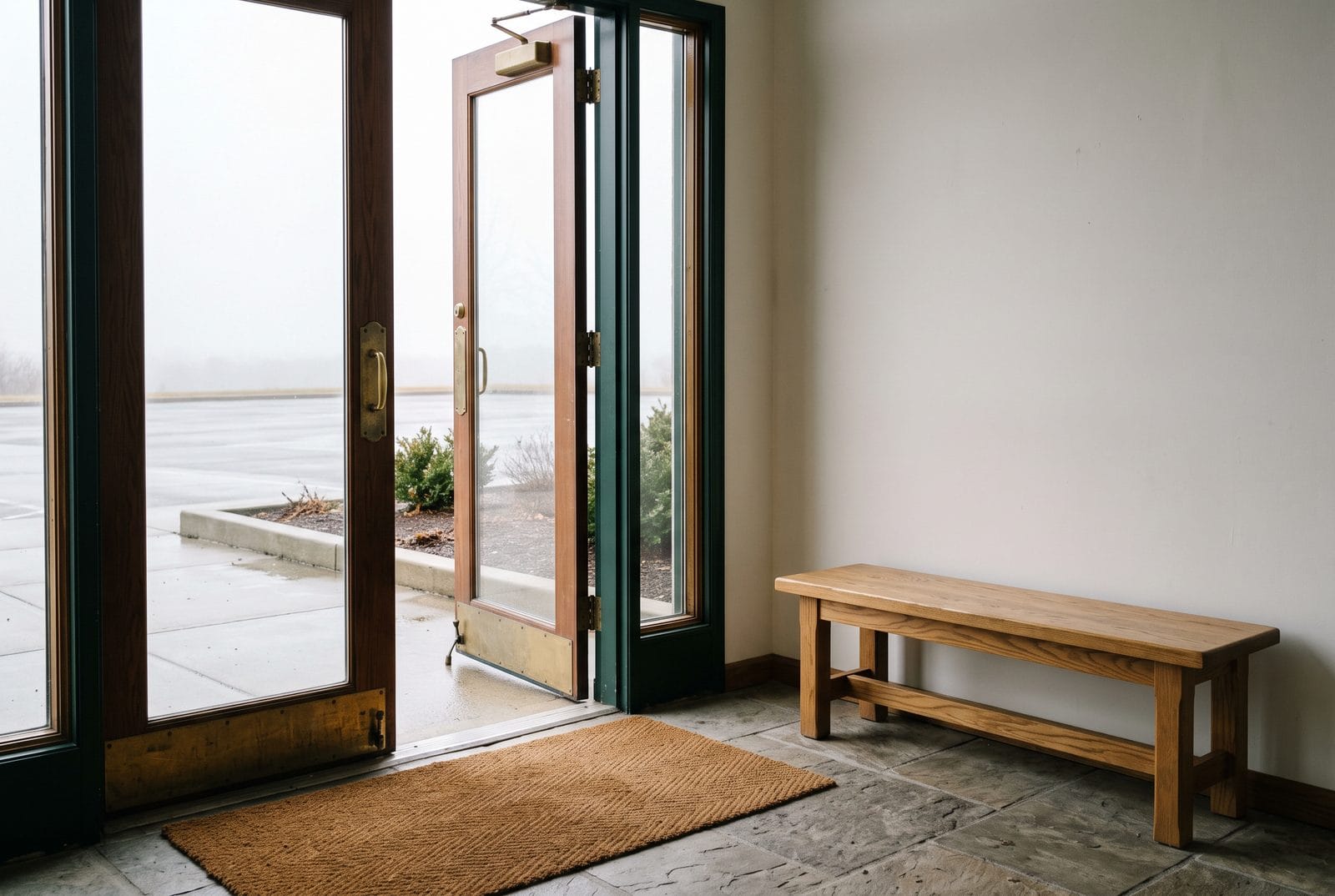 An entrance vestibule with a glazed door ajar, a bench and a stone floor