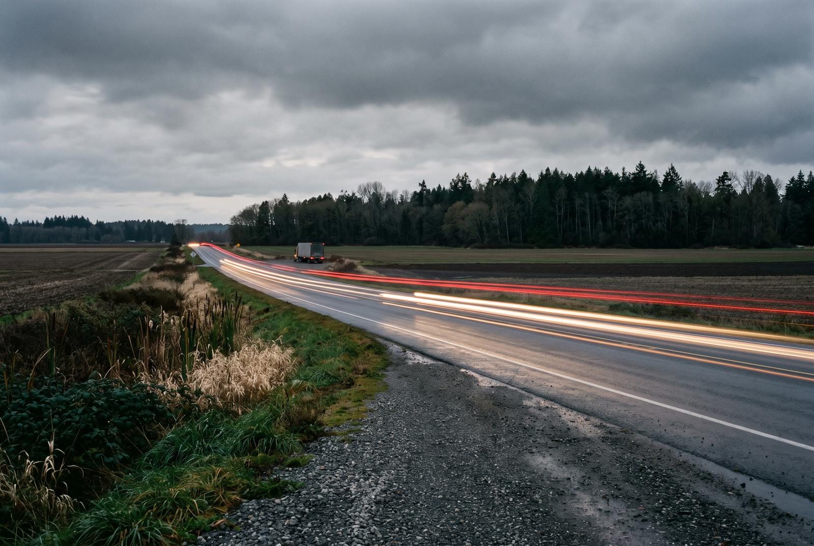 A rural two-lane road with a gravel shoulder and a distant tractor-trailer