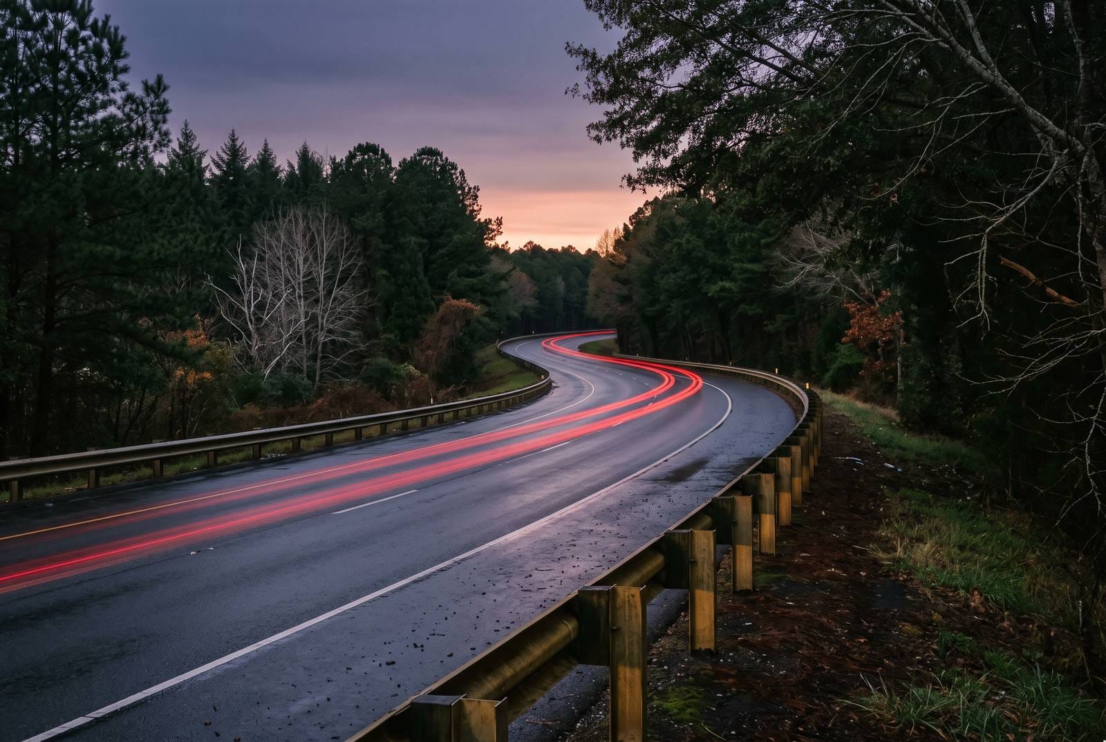 A four-lane road curving away under hardwoods at dusk with one trail of tail light
