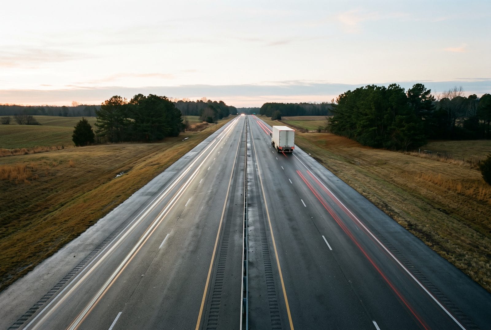 An unmarked tractor-trailer on a divided highway at first light, flat ground either side