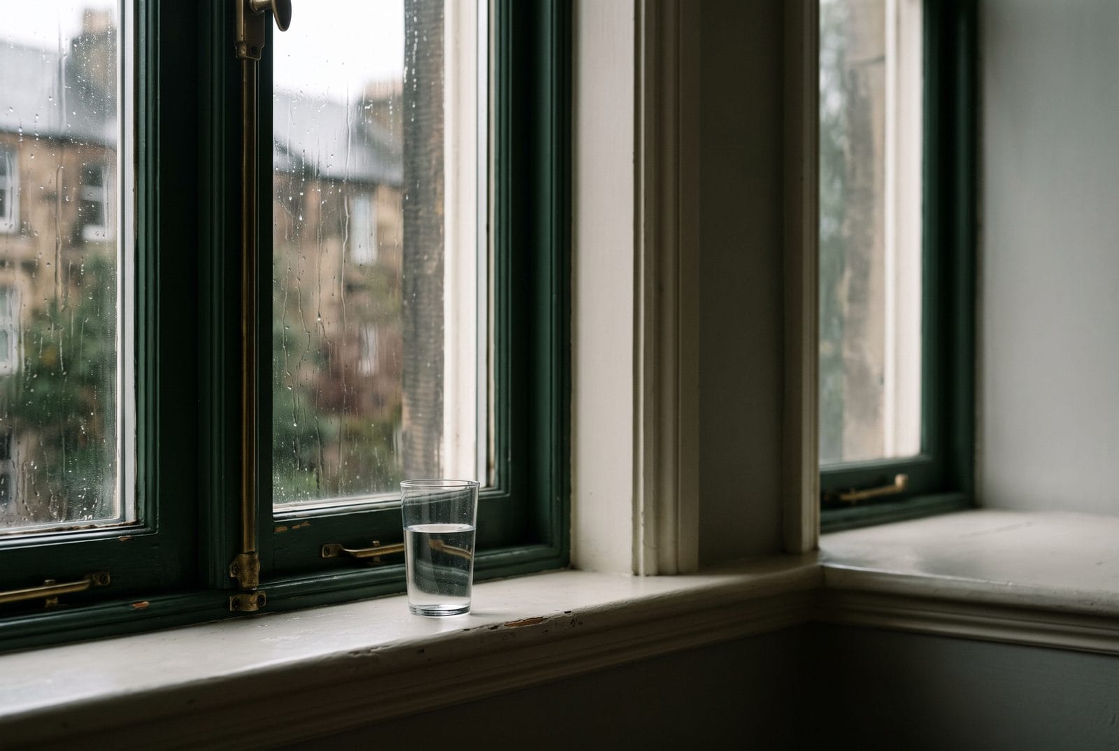 Rain running down the outside of a deep window reveal, a glass of water on the sill