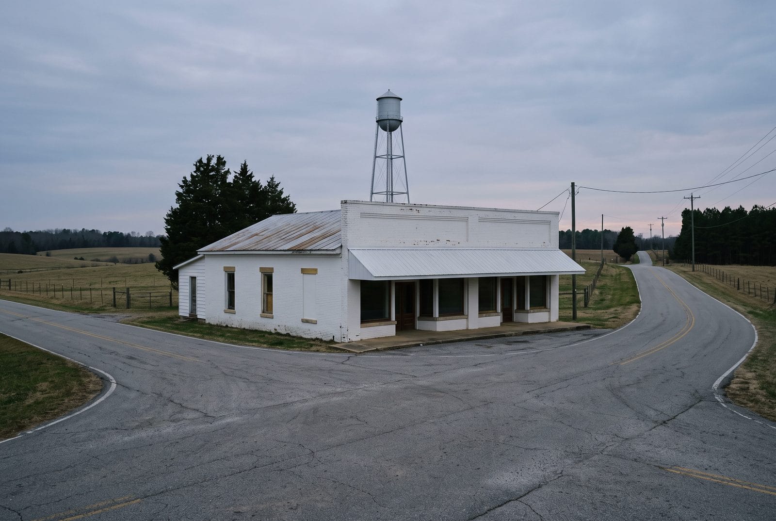 A rural crossroads with a water tower on the skyline and open farmland