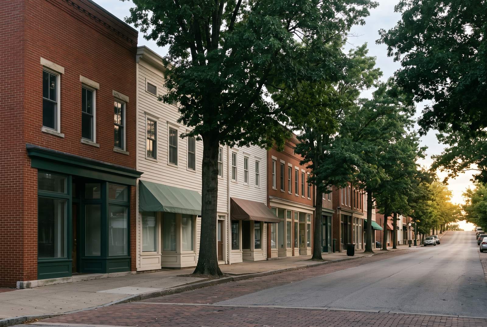 White clapboard and red brick buildings on a sloping street under tall oaks