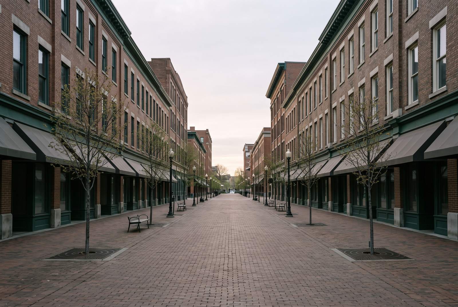 A wide brick pedestrian street with young street trees in the evening