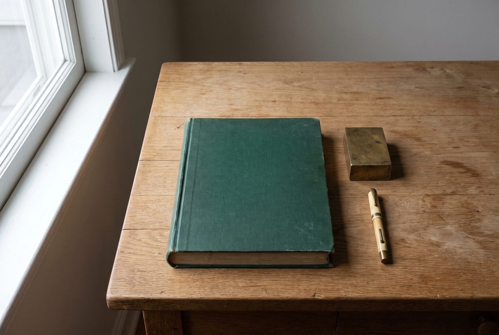 A closed cloth-bound ledger, a brass paperweight and a pen on a bare oak desk
